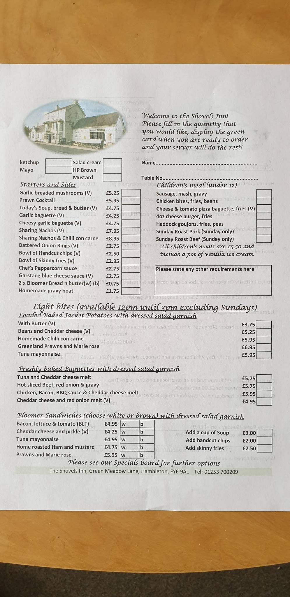 Menu at The Shovels Inn pub & bar, Hambleton