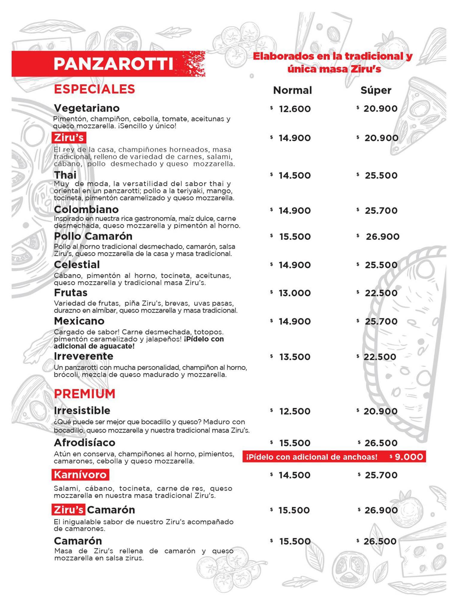 Carta de pizzería Ziru's Pizza Bogotá, Bogotá, Cra. 24 3789