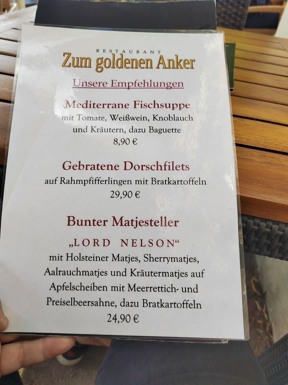 Speisekarte von Zum goldenen Anker restaurant, Fehmarn