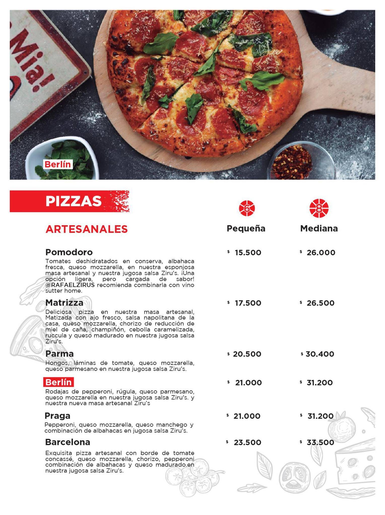 Carta de pizzería Ziru's Pizza Bogotá, Bogotá, Cra. 24 3789