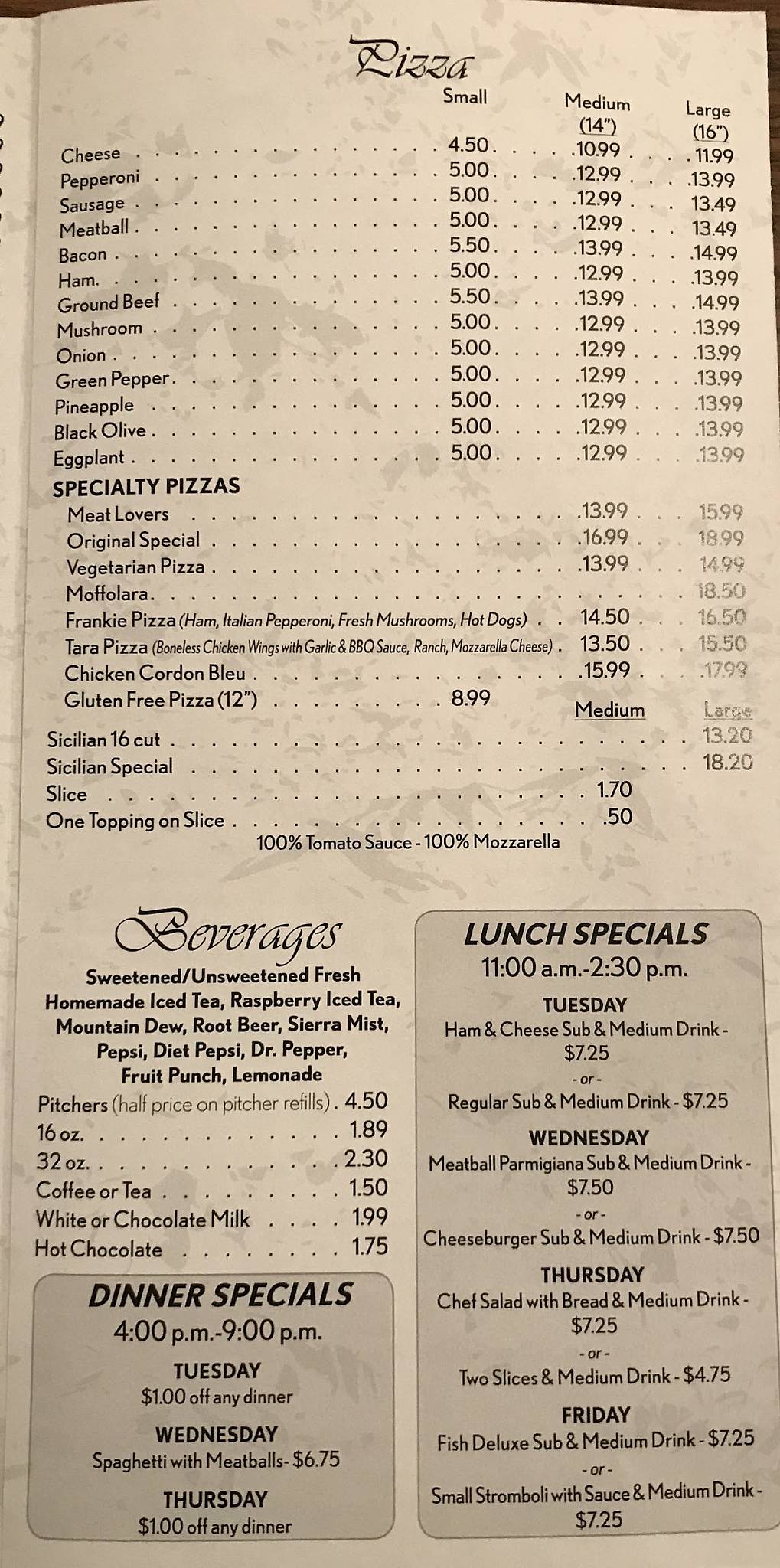 Menu at Frank’s Original Italian Pizza pizzeria, McClure
