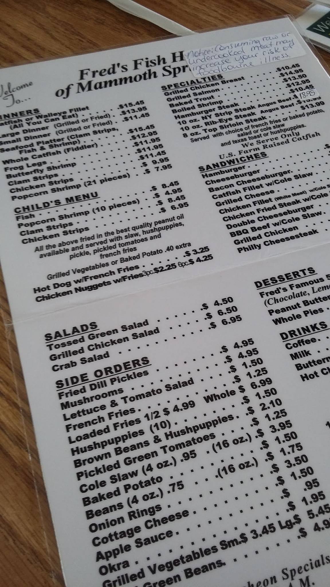 Menu at Fred's Fish House restaurant, Mammoth Spring