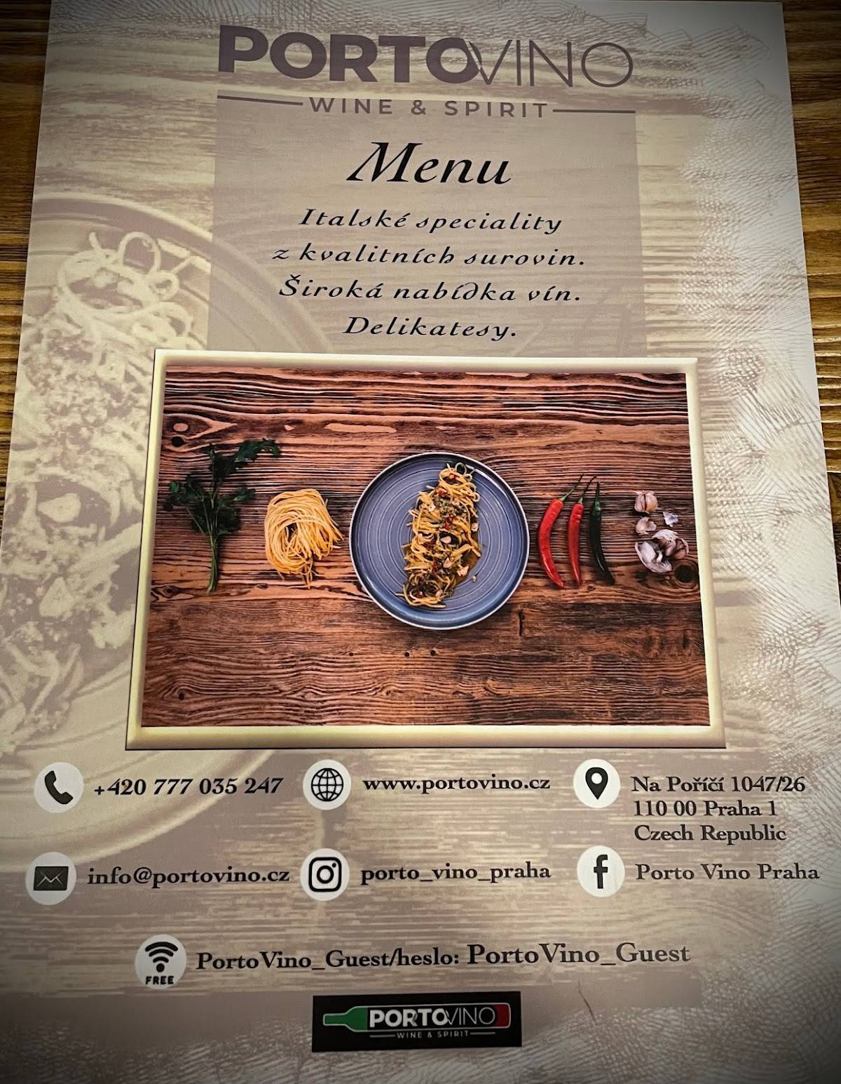 Menu at PORTO VINO restaurant, Prague