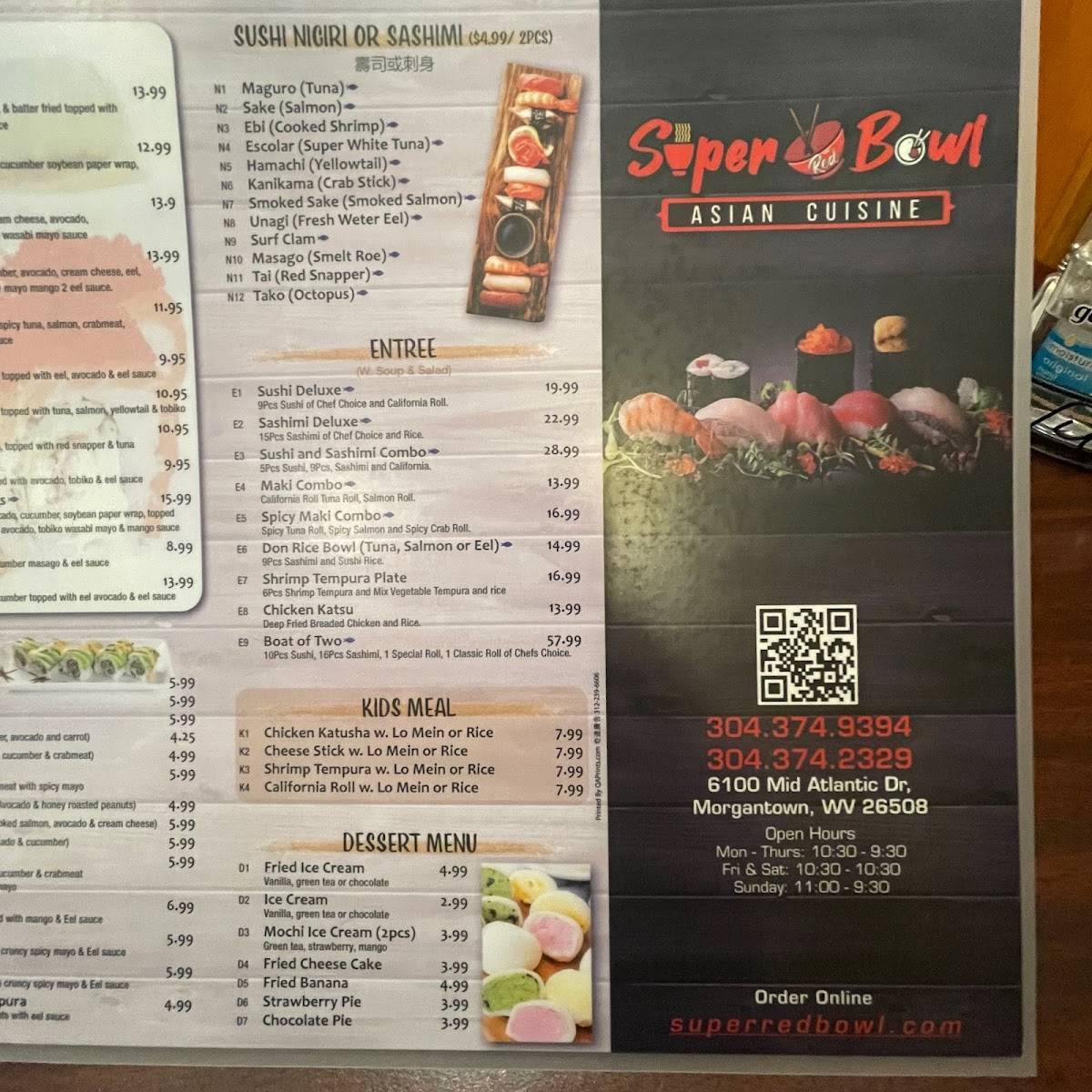 Menu at Super Red Bowl restaurant, Morgantown