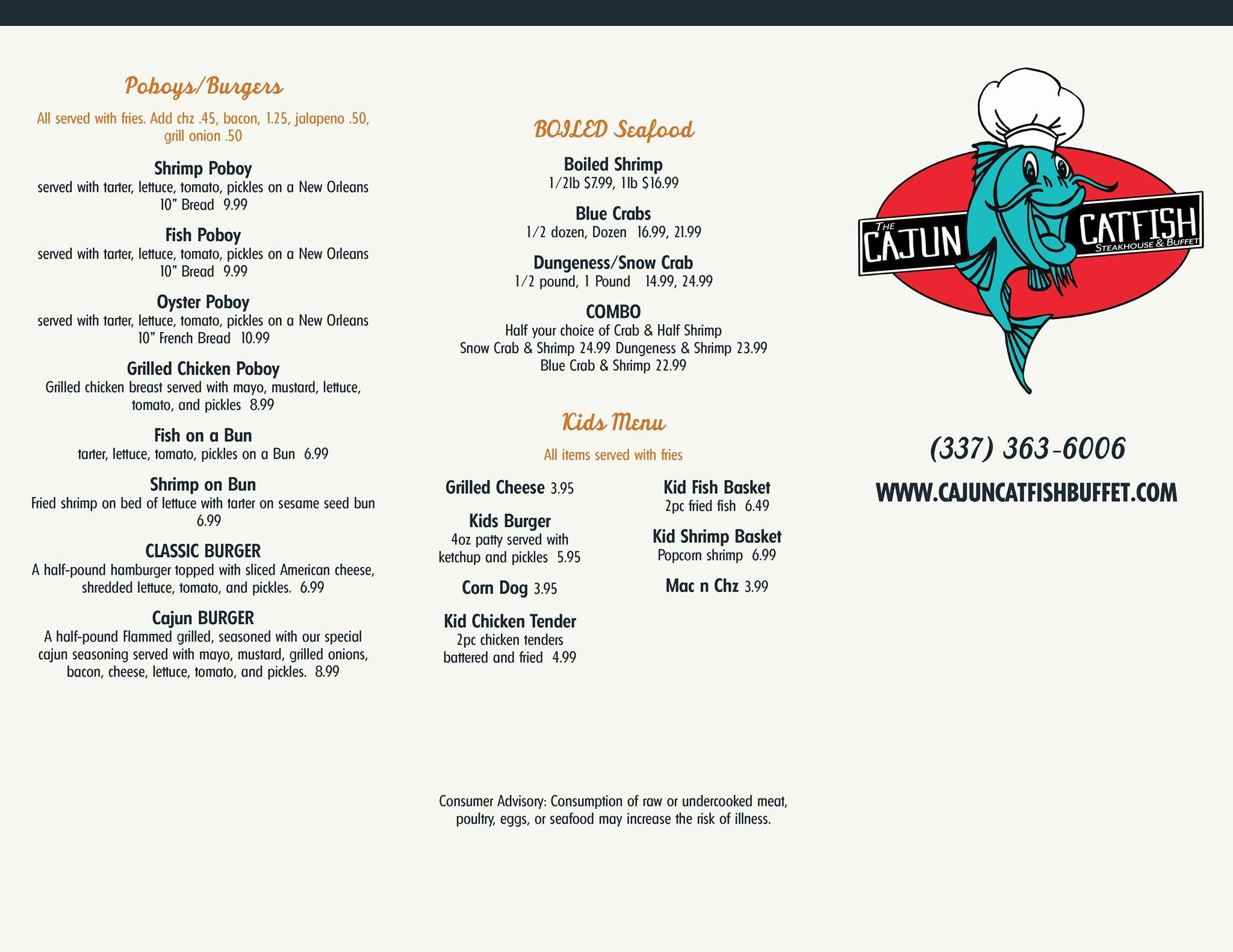 Menu at Cajun Catfish Buffet steakhouse, Ville Platte