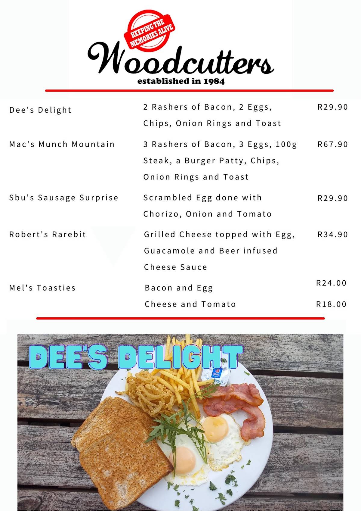 Menu at Woodcutters Restaurant, Westville