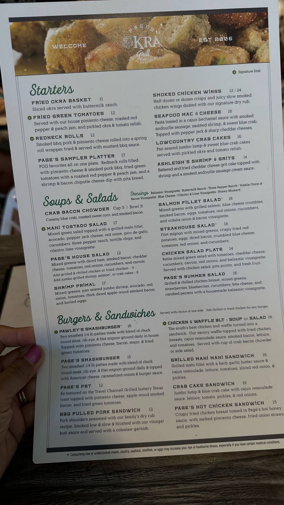 Menu at Page's Okra Grill restaurant, Mount Pleasant