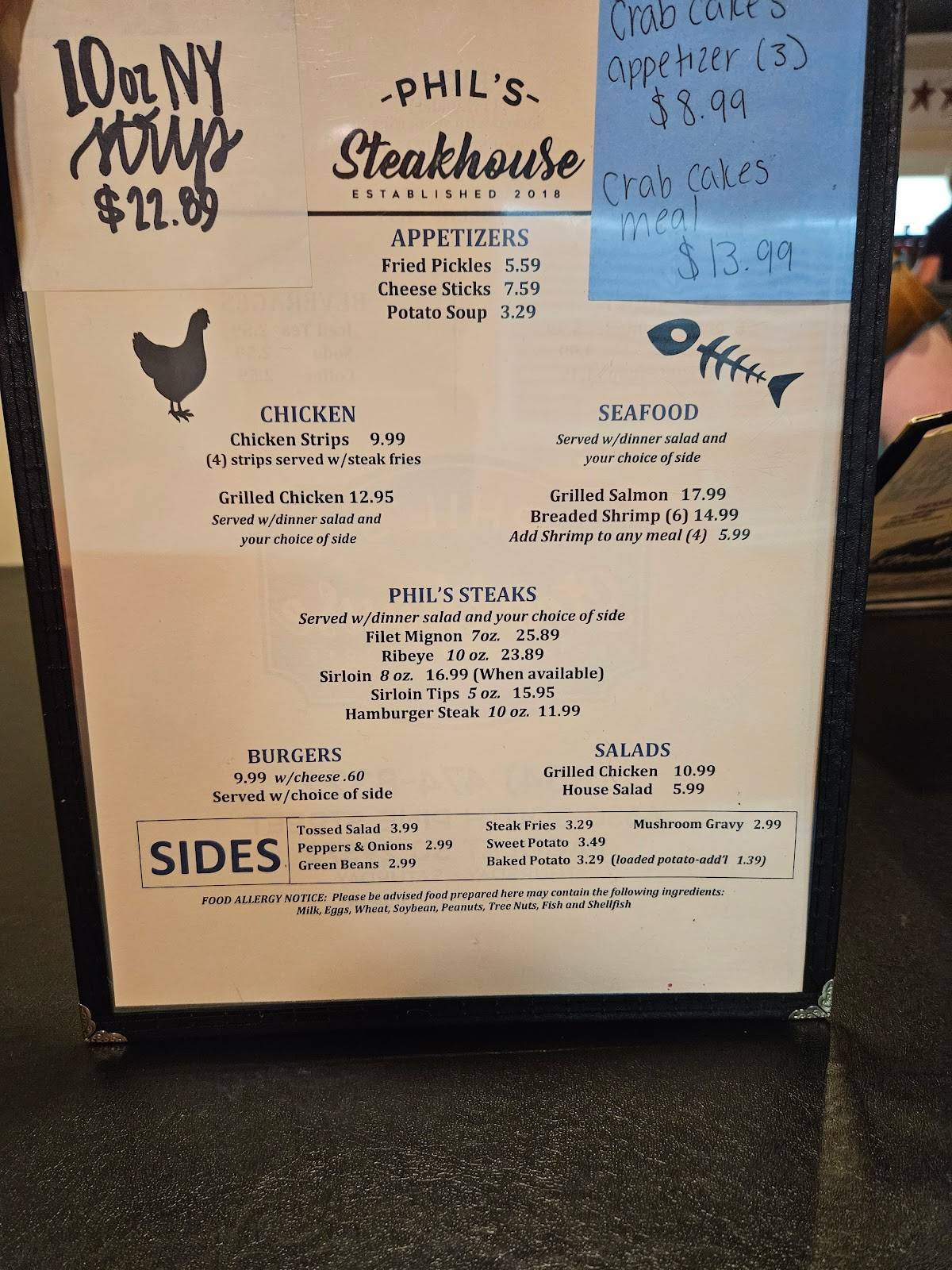 Menu at Phil's Steakhouse, Pacolet