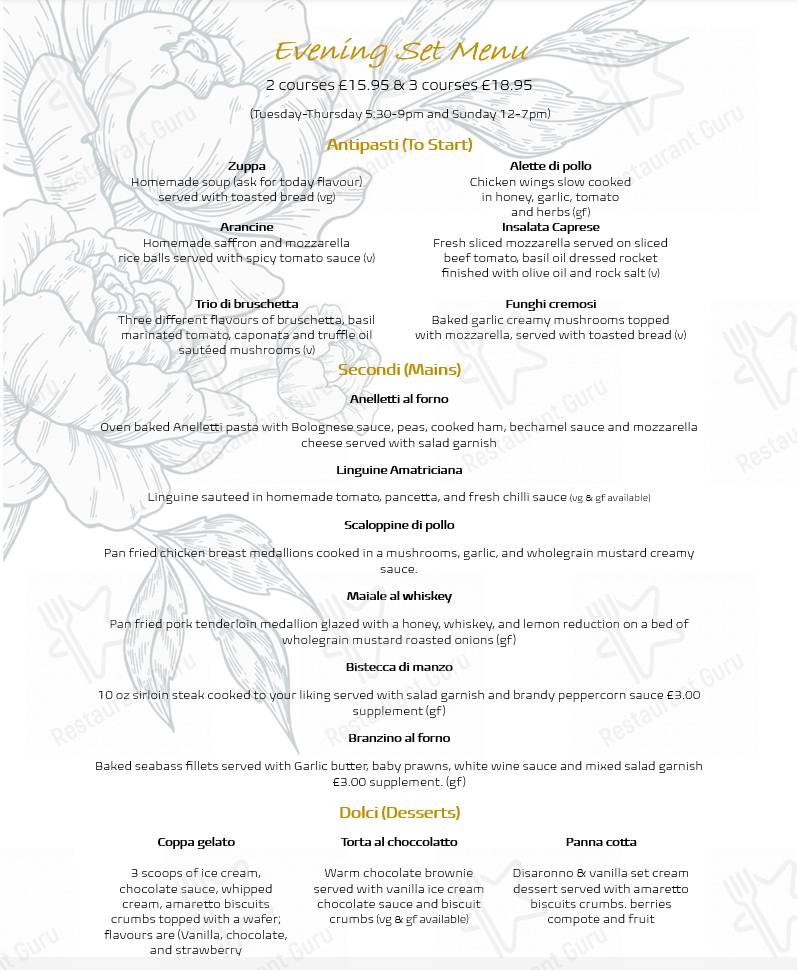 Menu at Bella Ciao restaurant, Port Talbot