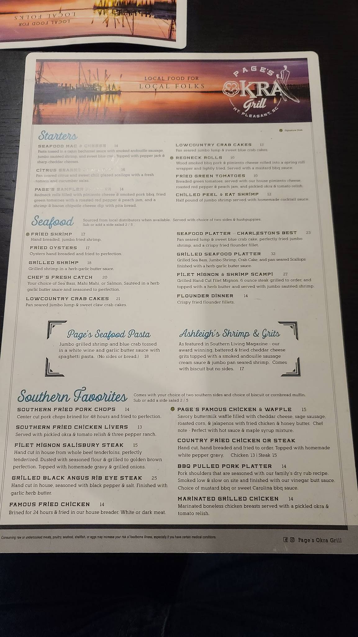 Menu at Page's Okra Grill restaurant, Mount Pleasant