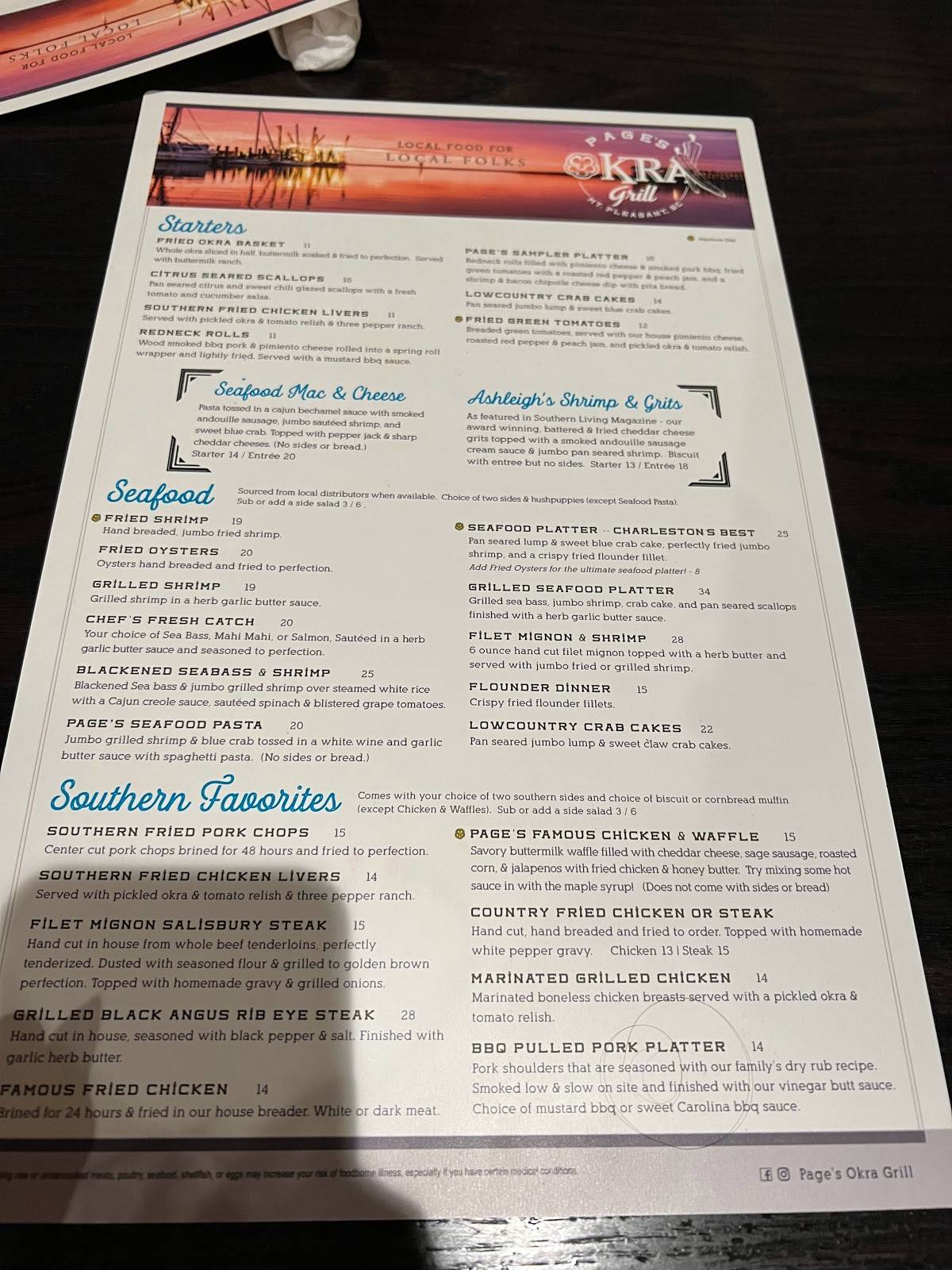 Menu at Page's Okra Grill restaurant, Mount Pleasant