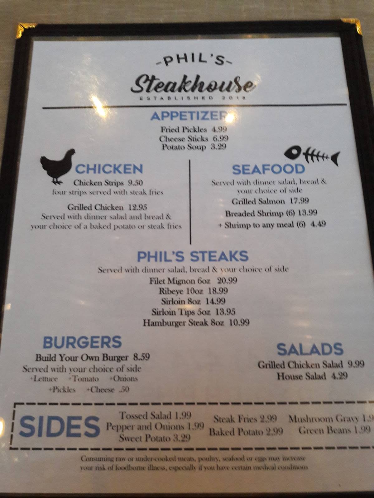 Menu at Phil's Steakhouse, Pacolet