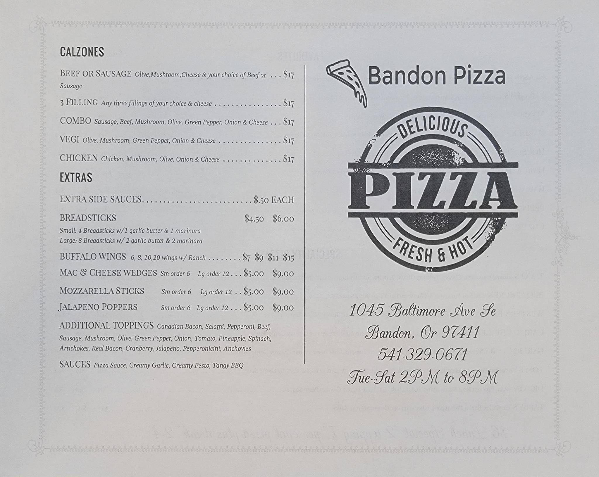 Menu at Bandon Pizza pizzeria, Bandon, Baltimore Ave SE