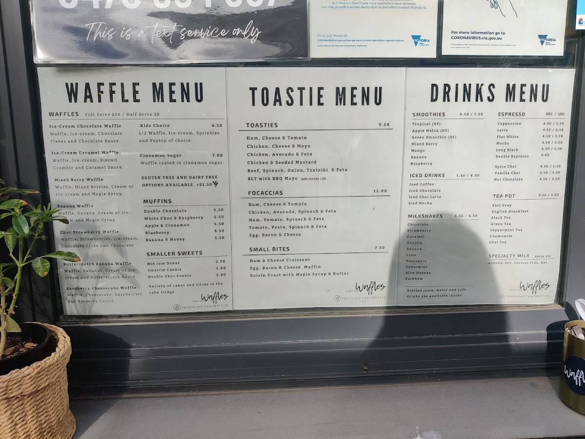 Menu at Factory + Field Waffles cafe, Cohuna