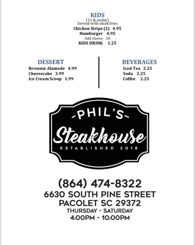 Menu at Phil's Steakhouse, Pacolet