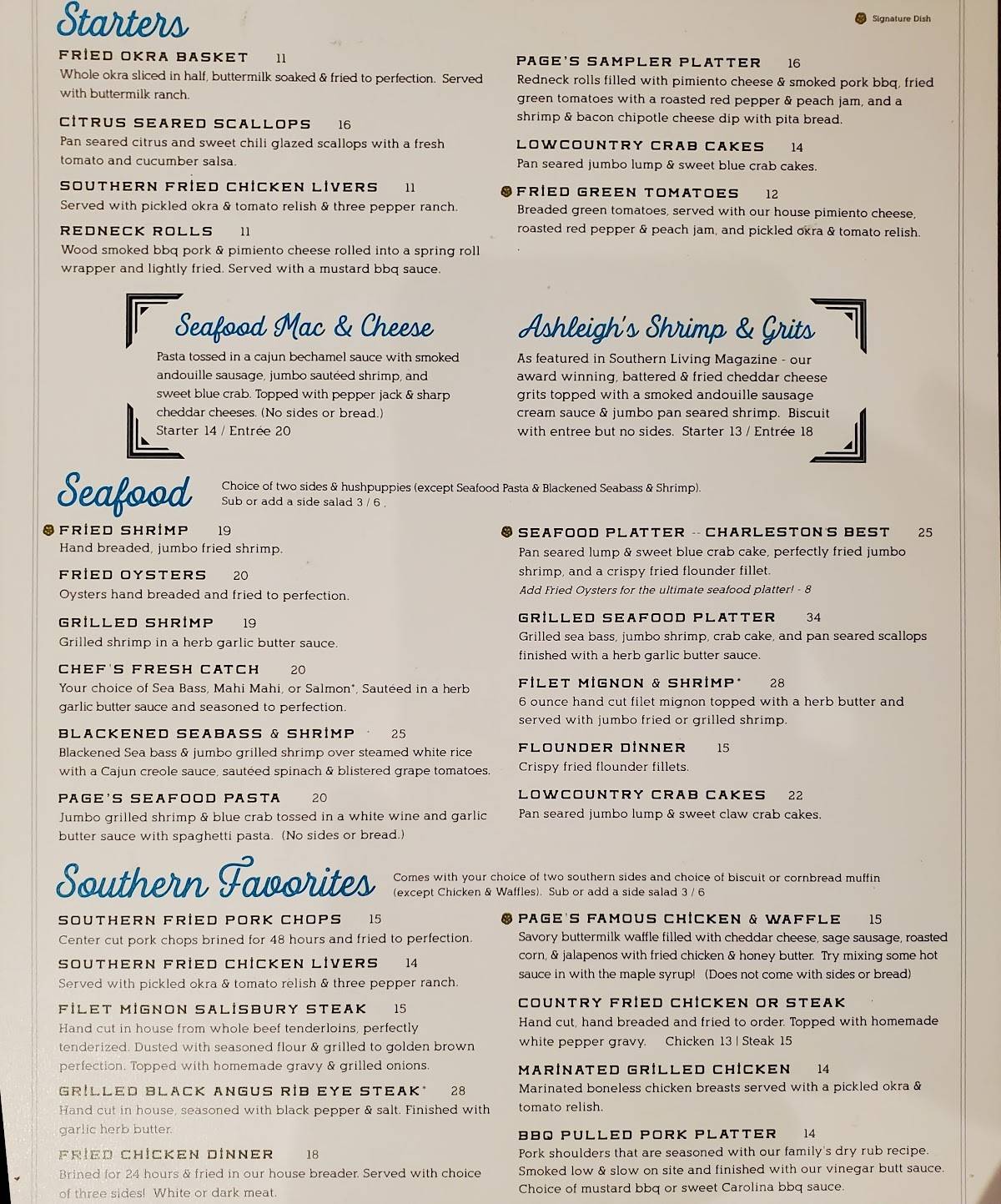 Menu at Page's Okra Grill restaurant, Mount Pleasant