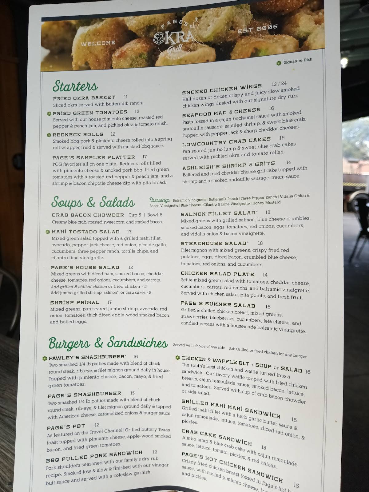 Menu at Page's Okra Grill restaurant, Mount Pleasant