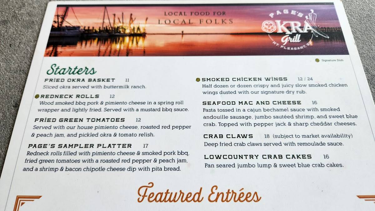 Menu at Page's Okra Grill restaurant, Mount Pleasant