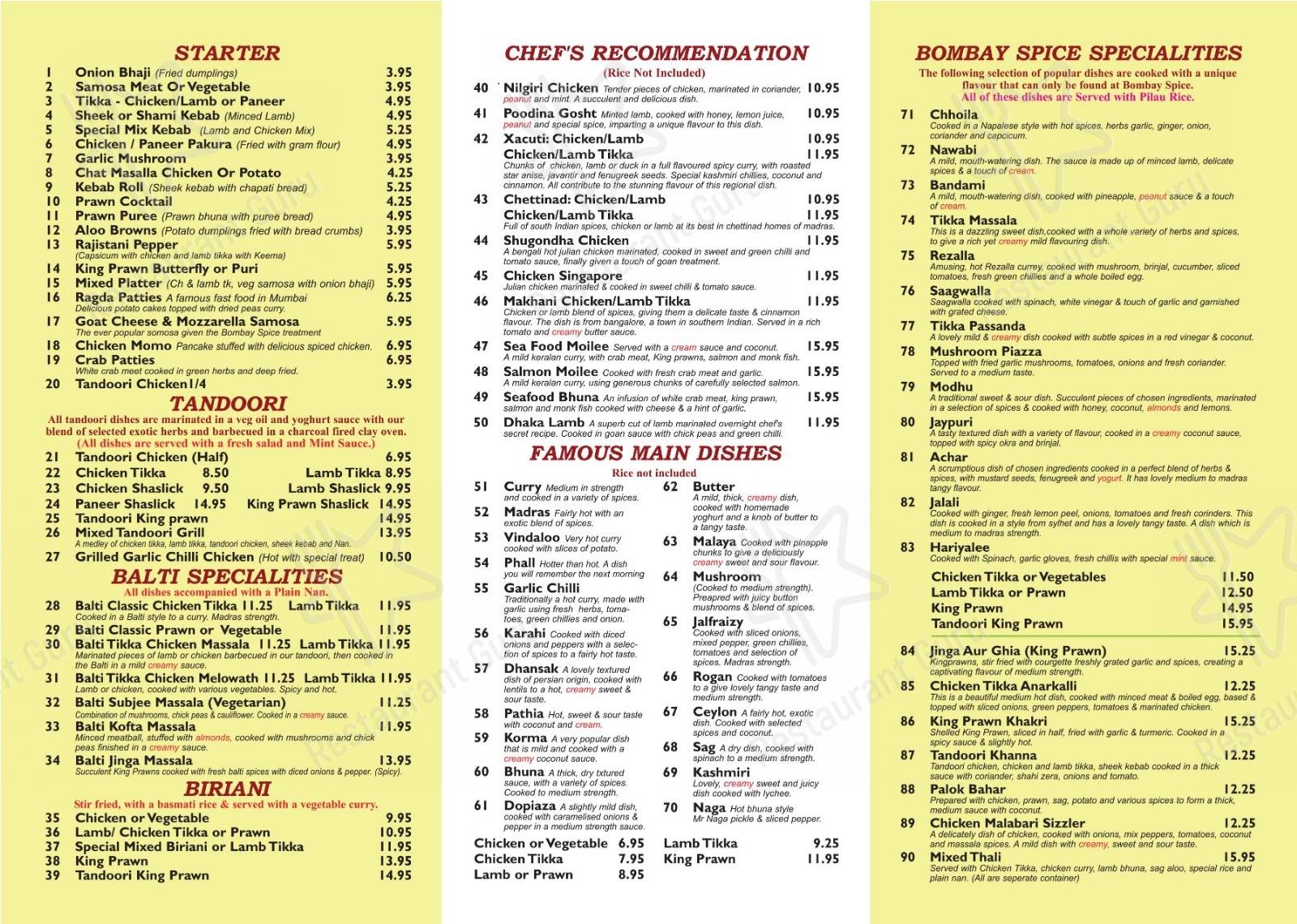 Menu at Bombay Spice fast food, Heathfield