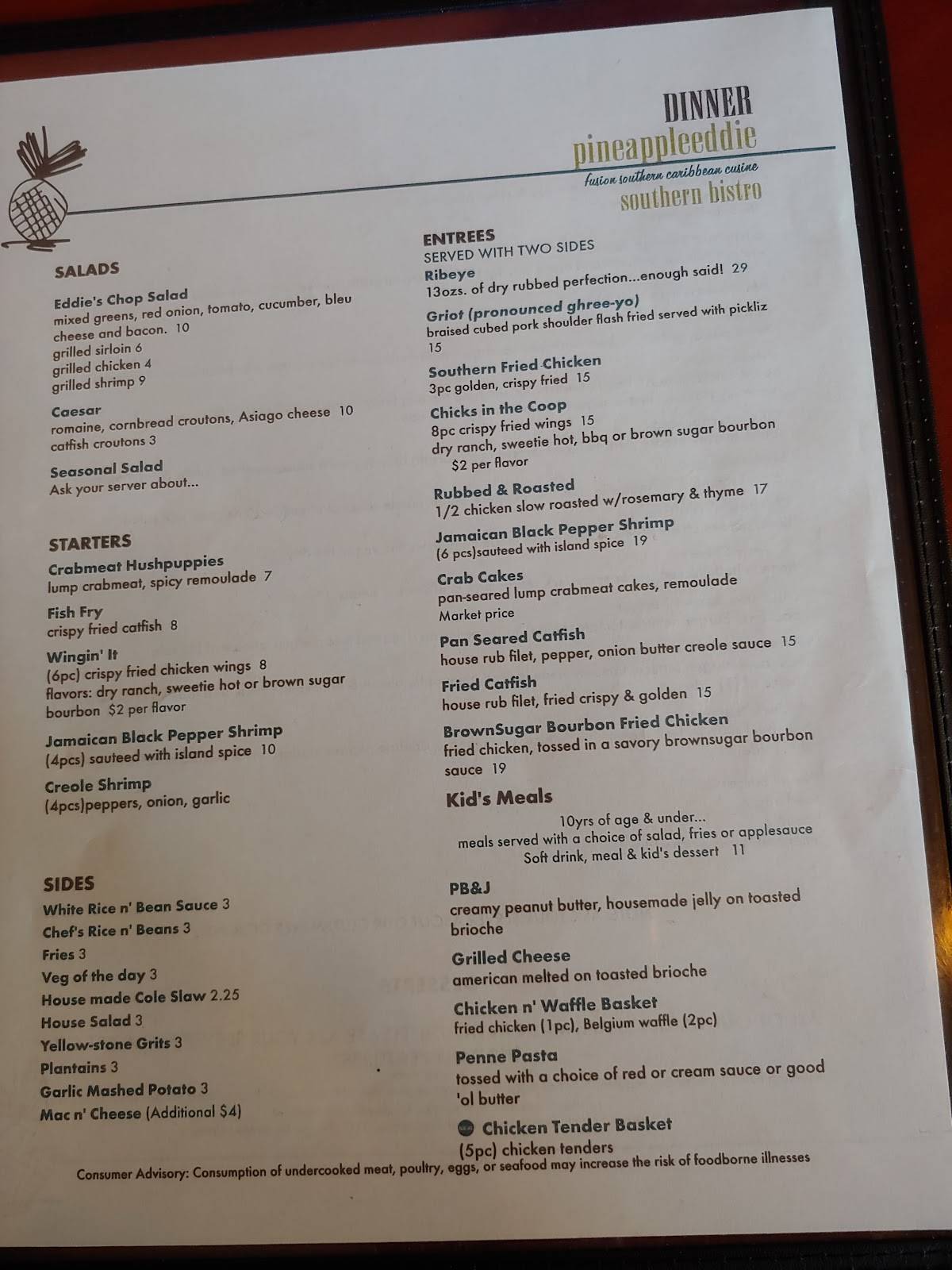 Menu at Pineapple Eddie Southern Bistro pub & bar, Erie