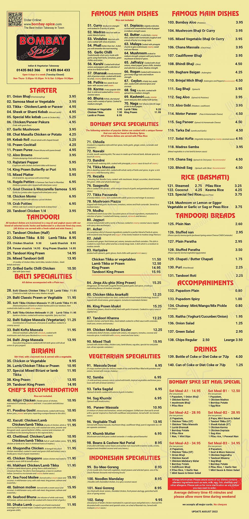 Menu at Bombay Spice fast food, Heathfield