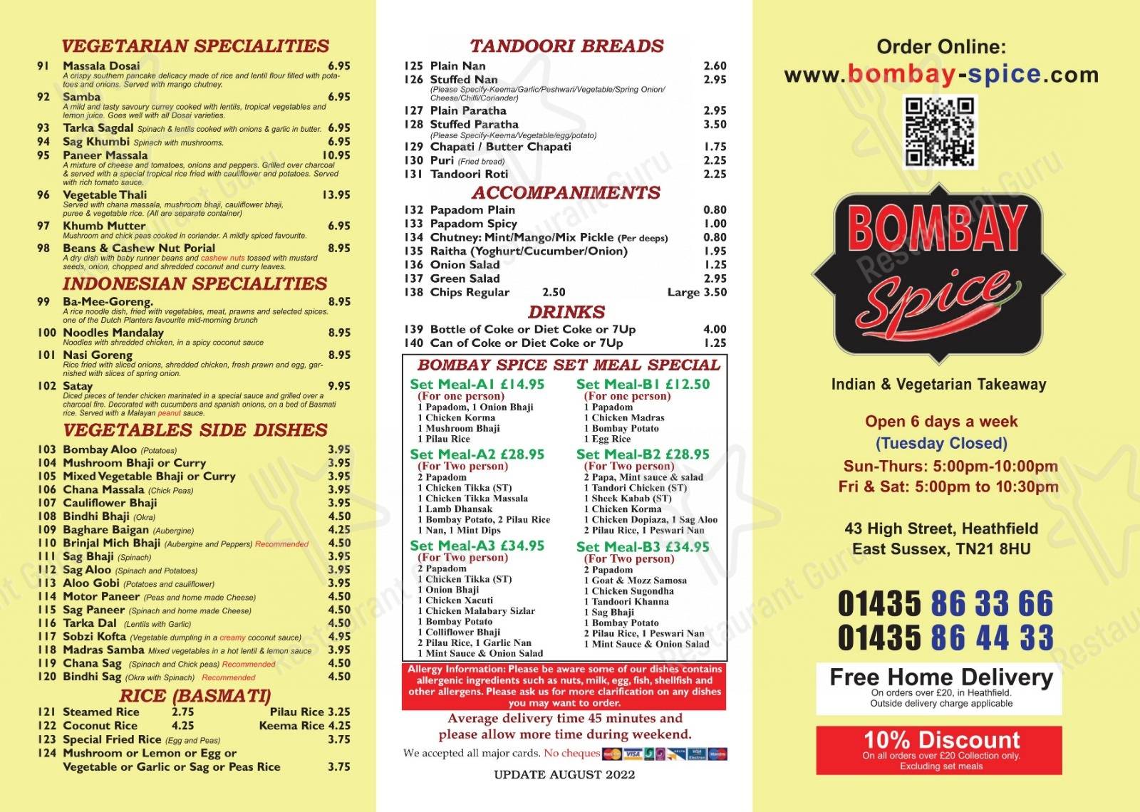 Menu at Bombay Spice fast food, Heathfield