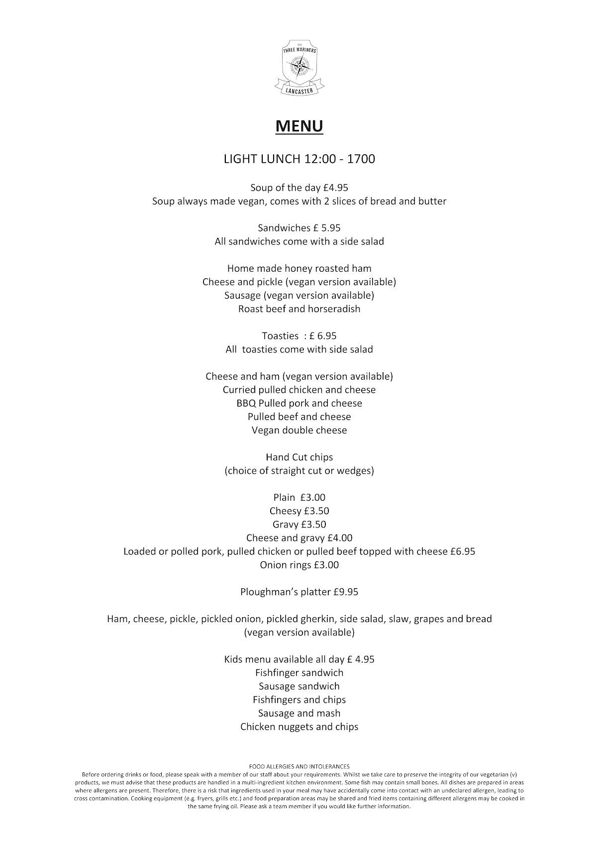 Menu at The Three Mariners, Lancaster pub & bar, Lancaster