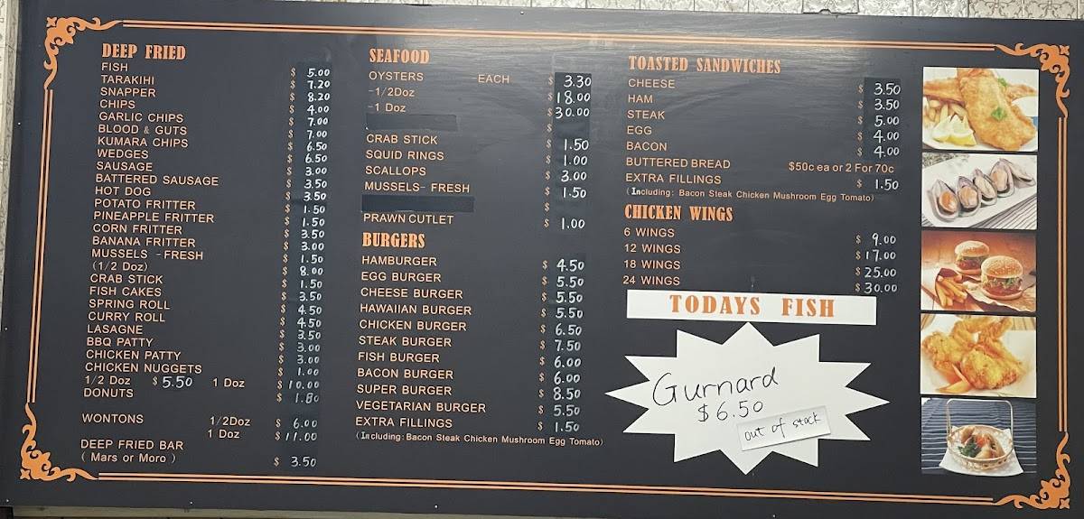 Menu at Wendy's Fish Shop restaurant, Rotorua