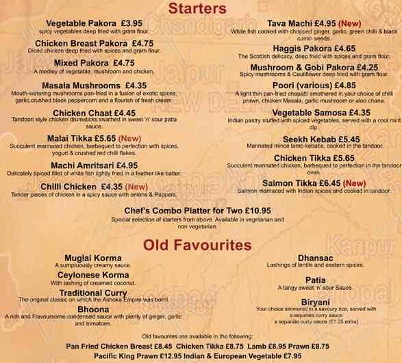Menu at Ashoka South Side fast food, Glasgow