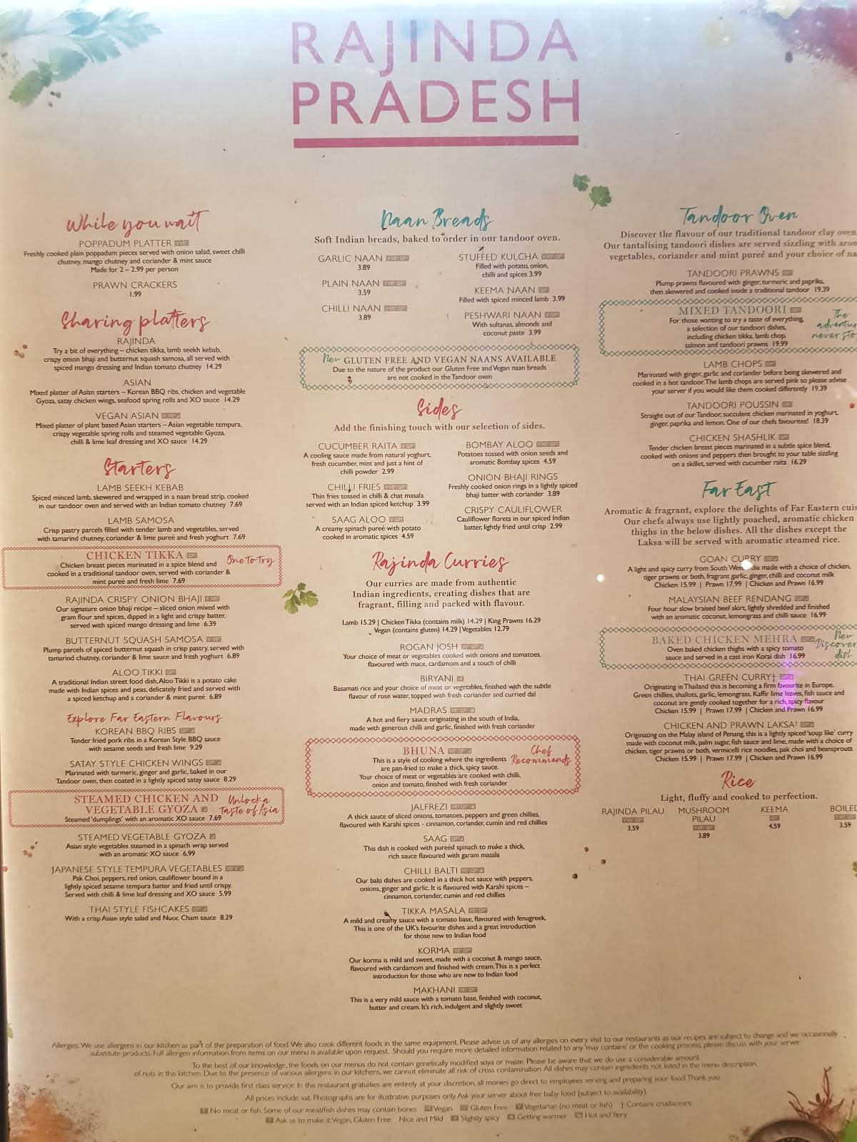 Menu At Rajinda Pradesh Restaurant Rufford Center Parcs Sherwood Forest