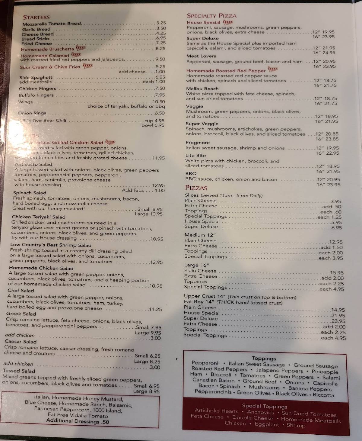 Menu at Upper Crust pizzeria, Bluffton