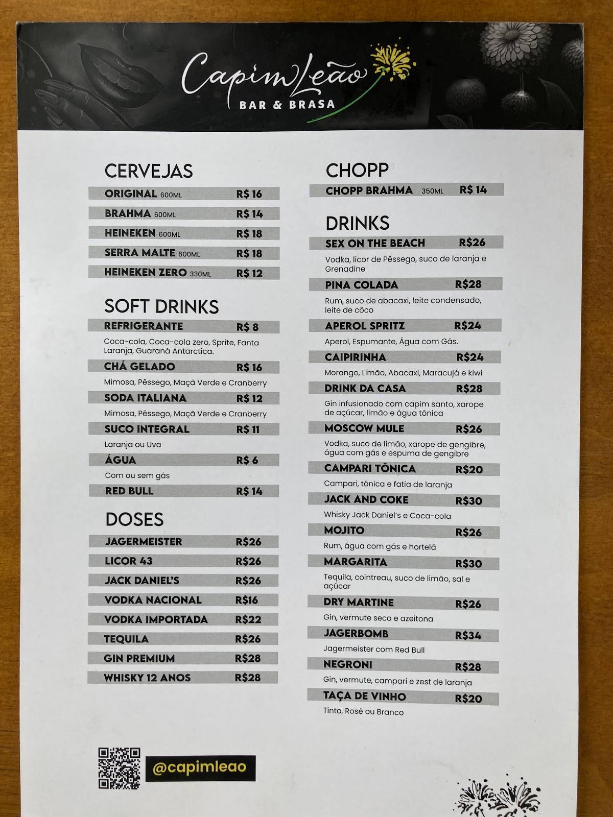Menu at Capim Leão Bar e Brasa, Curitiba