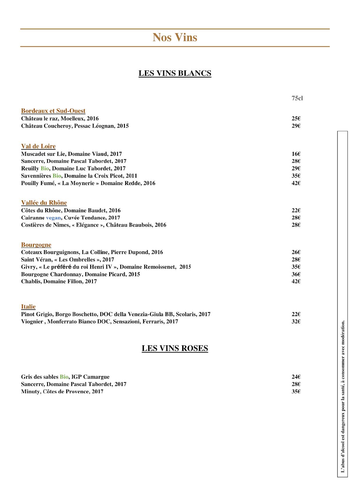 Menu au Hôtel Restaurant Corto Maltese, Le Palais