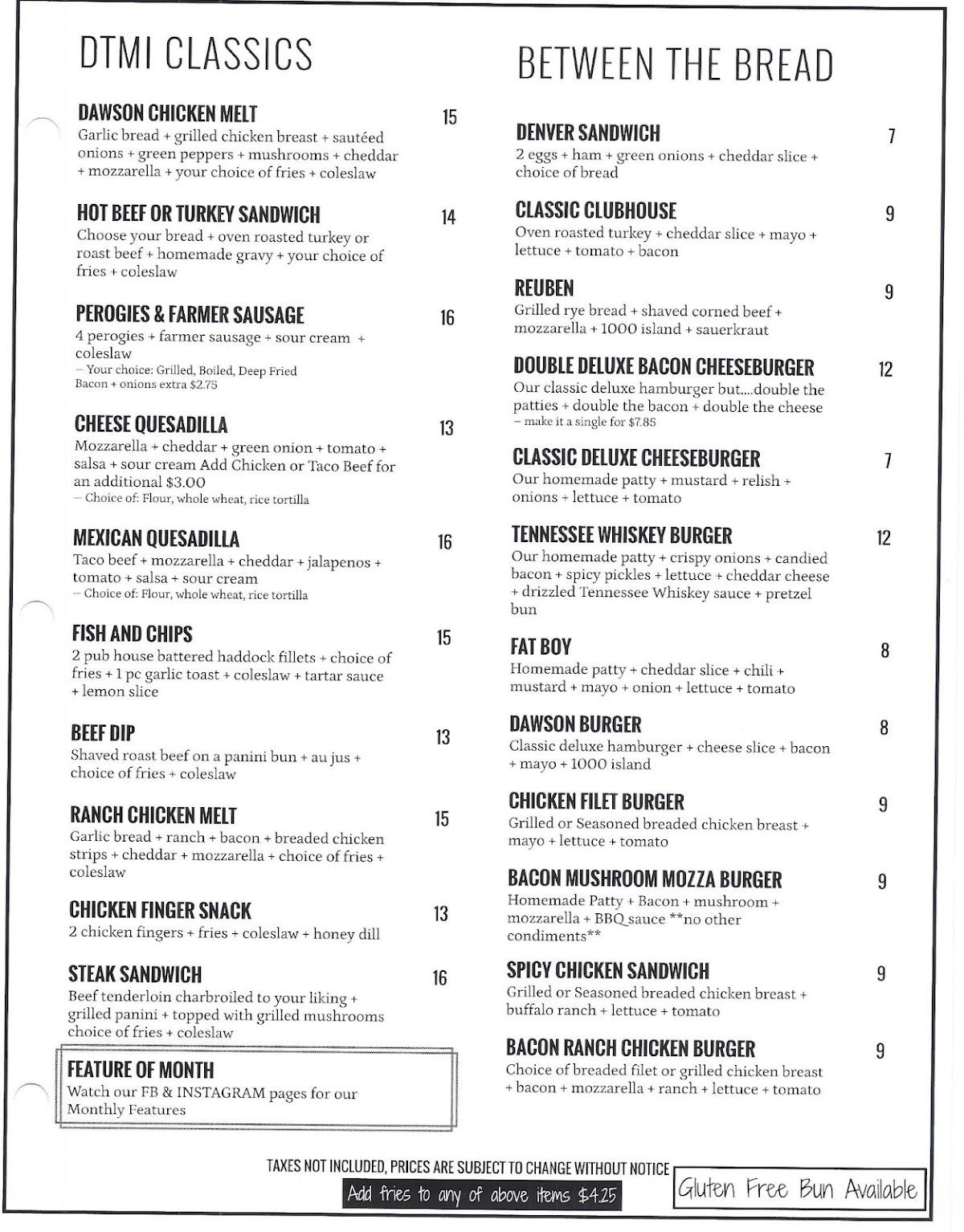 Menu at Dawson Trail Motor Inn pub & bar, Lorette