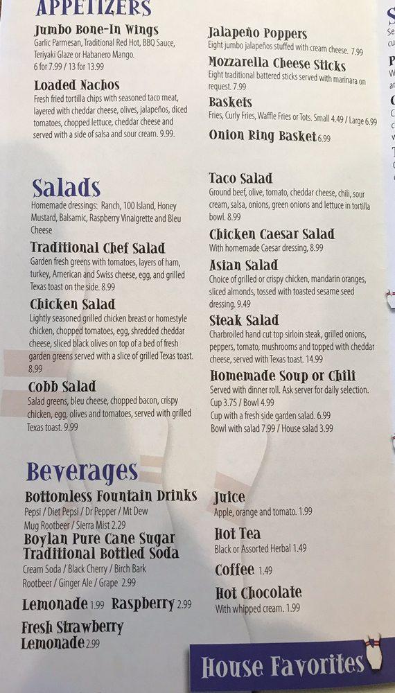 Menu at The Bowling Alley restaurant, Homedale