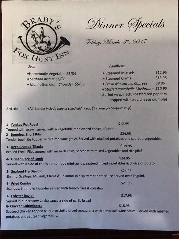 Menu at Brady's Fox Hunt Inn restaurant, Northvale