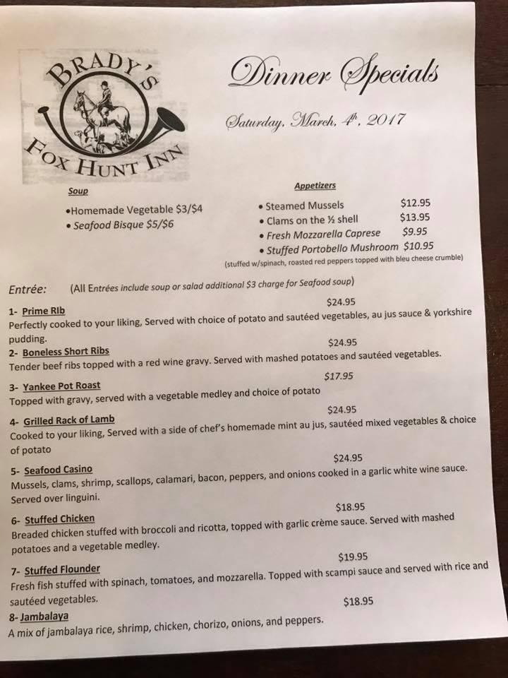 Menu at Brady's Fox Hunt Inn restaurant, Northvale