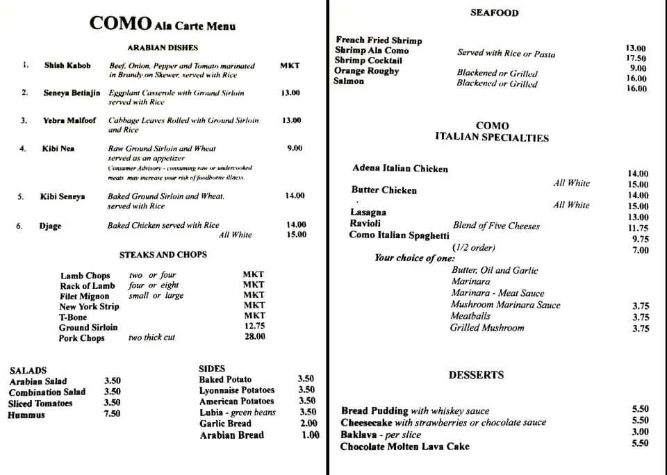 Menu At House Of Como Steakhouse Evansville