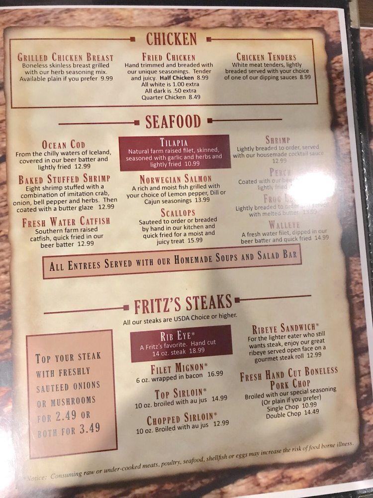 Menu at Fritz's Wooden Nickel steakhouse, Stillman Valley